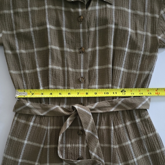 Calvin Klein Women's Green Cream Plaid Button-Up Belted Midi Shirtdress Size 4 - Picture 11 of 12